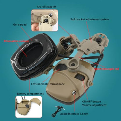 Hearing Protection Noise Cancelling Sound Amplification with Gel Ear Pad/ARC Rail Adapter Ideal for Shooting Sport - color: Tan