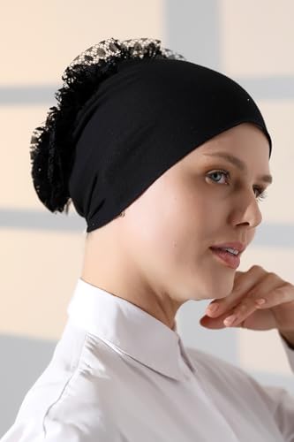ihvan online Hijab Cap, Head Scarf Beanie, Volumizing Non Slip Head Wraps for Women, Hijab Undercap with Tie-Back Closure - color: Black