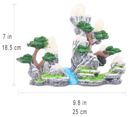 Mountain Waterfall Aquarium Decoration – Natural Rock Cliff with Trees & Stream, Hand-Painted Resin Fish Tank Ornament