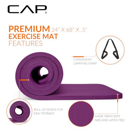 CAP Barbell 1/2-Inch High Density Exercise Yoga Mat with Strap | Multiple Options - color: Wine, style: Yoga Mat