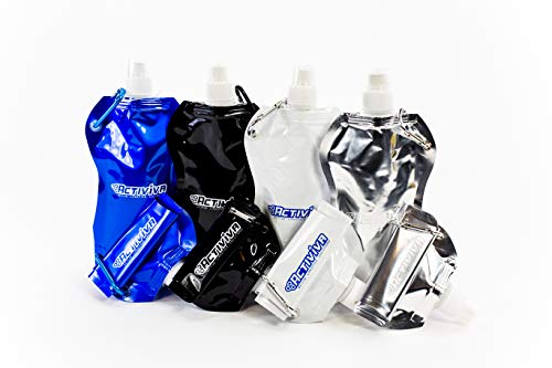 Collapsible Reusable Water Bottle with Carabiner Clip Light Weight Leak Proof Foldable Drinking Water Bottle - Non-Toxic BPA Free - 16.9 oz - 4 Pack - color: Black,Silver,Camo,Clear