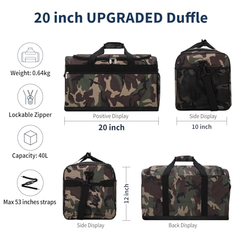 Mens Gym Bag 20 inch, Camo | 40L, Sport Duffle Bag for Men, Weekender, Travel - color: Camo