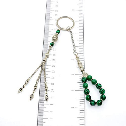 Keychain & Rosary Collection -Car Key Chain-Handbags Holder - color: (8 Mm - Synthetic Green Malachite Stone)