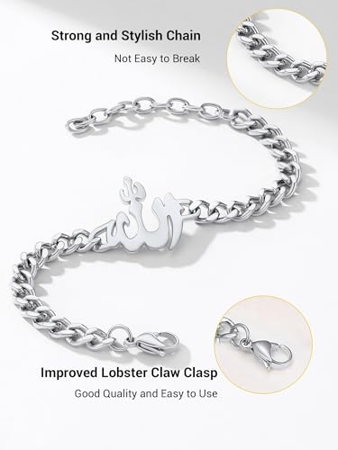 PROSTEEL Allah Bracelet, Muslim Islamic Jewelry Religious Islam Arabic God Charm Stainless Steel Beads Chain Bracelet, fits wrist from 5.9'' to 7.9'', Come with Box - color: 02 silver-cuban chain