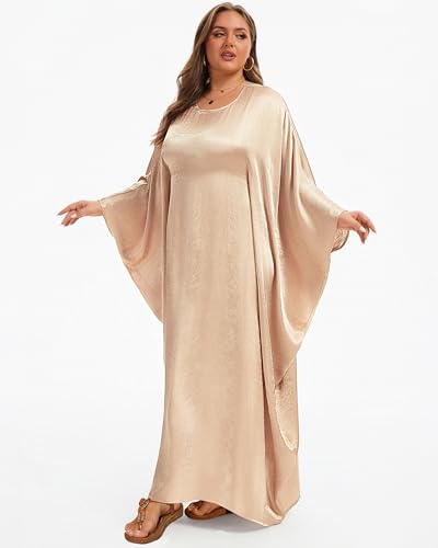 Bsubseach Women Plus Size Kaftan Dresses Moo Moos for Women Swimsuit Cover Up Swimwear Batwing Satin Caftan Beach Dress - color: Champagne