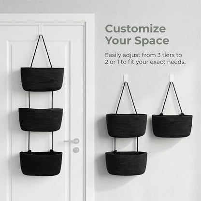 Black 3-Tier Woven Cotton Rope Hanging Basket, Over the Door Organizer, Adjustable Detachable Wall Basket with Metal & Adhesive Hooks, No Drilling for Laundry Room, Utility Room & Closet - style: Modern