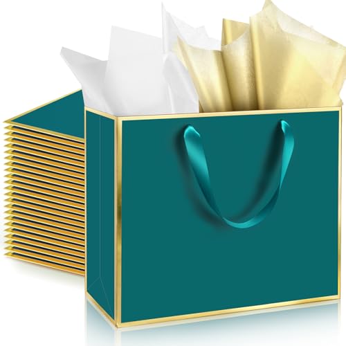 ReliThick 12 Pack Paper Gift Bag with Handles & Tissue, Turquoise,Gold - color: Turquoise,Gold