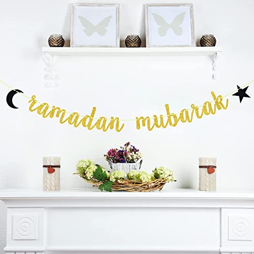 Ramadan Mubarak Banner Eid Mubarak Decorations for Happy Eid Muslim Islam Party Decorations Gold Glitter