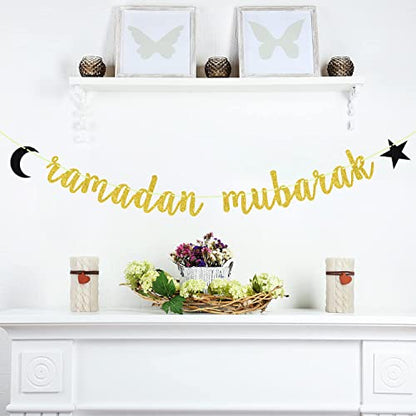 Ramadan Mubarak Banner Eid Mubarak Decorations for Happy Eid Muslim Islam Party Decorations Gold Glitter