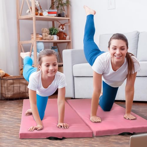 Outroad 6/8/10' Foldable Gymnastics Gym Exercise Aerobics Mat, PU Leather Tumbling Mat with Hook & Loop Fastener for Stretching Yoga Cheerleading Martial Arts - Versatile Fitness Mat for Home Workout - color: Pink 4 folding mat 8' x 2' x 2"