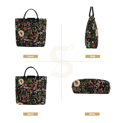 Signare Tapestry Foldable Tote Bag Reusable Shopping Bag Grocery Bag - color: Morning Garden Black