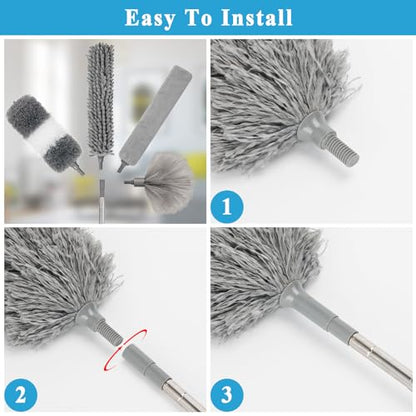 Microfiber Duster Kit 27pcs with 30 to 100 Inches Extension Pole and Wall Cleaner Mop, Washable and Bendable Feather Duster for Cleaning Ceiling Fans, High Ceilings, Cobwebs, Blinds, Grey - size: 27pcs