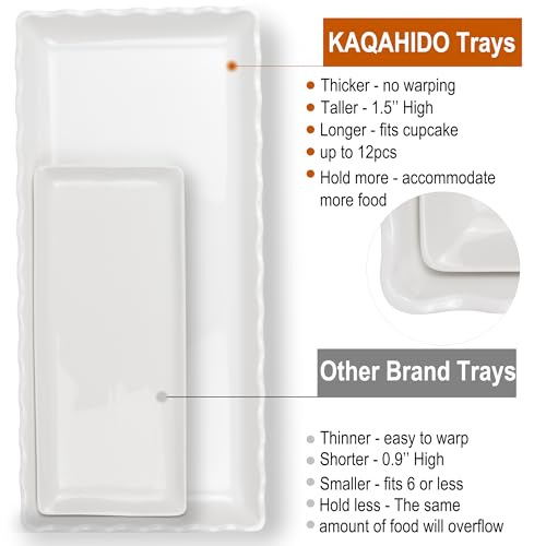 KAQAHIDO 17" x 8" x 1.5" White Serving Tray Set, Wave Edge Melamine Platters for Cookie, Appetizer, Charcuterie, Snack, Dessert, Party Food Display, Stackable, Set of 2