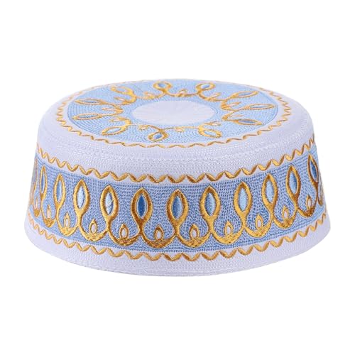 Boys Embroidered Kufi Muslim Prayer Hat Islam Skull Beanie Arabic Prayer Headwear Kofia Topi Taqiyah Hat 3-8Y - color: Light Blue