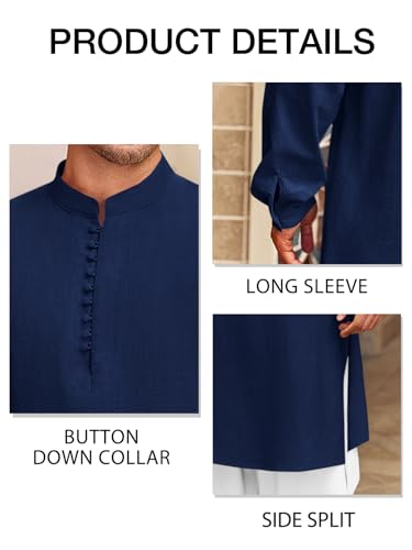 Runcati Mens Kaftan Thobe Button Down Henley Shirts Robe Long Sleeve Casual Cotton Linen Muslim Gown Shirt - color: Navy, size: Medium