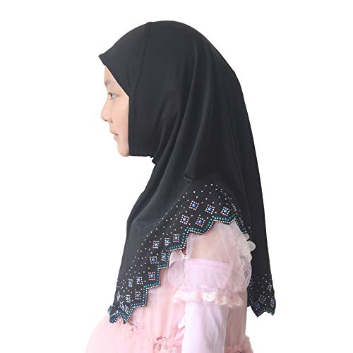 Girls Hijab with Rhinestones – Sparkly Non-Slip Amira Scarf for Kids, for Daily Prayer, School, Ramadan & Eid (Ages 4-12) - color: Black