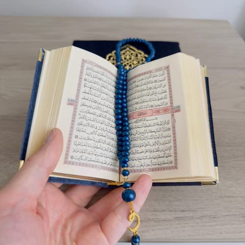 Velvet Covered Quran Tasbeeh Set - Holy Quran Prayer Beads, Wooden Gift Box, Islamic Wedding & Graduation Gift, Muslim Eid & Ramadan Favor (Navy Blue) - color: Navy Blue