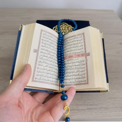 Velvet Covered Quran Tasbeeh Set - Holy Quran Prayer Beads, Wooden Gift Box, Islamic Wedding & Graduation Gift, Muslim Eid & Ramadan Favor (Navy Blue) - color: Navy Blue
