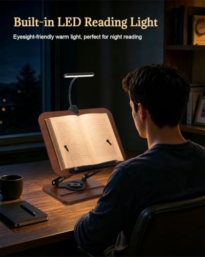 Adjustable Book Stand for Reading with Light, Book Holders for Reading Hands Free, Ergonomic Reading Stand for Cookbooks,Bibles,Laptop & Tablet with Page Clips & 360° Rotating Bases for Study & Office
