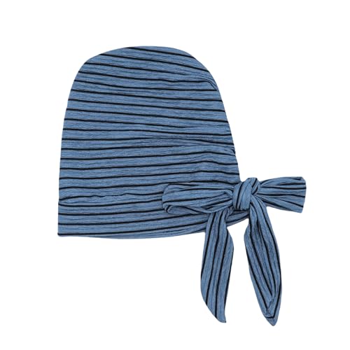 Suillty Women's Pre-Tied Muslim Hijab Bonnet Pleated Ruffle Turban Chemo Cap Underscarf Islamic Headwear - color: Blue Striped