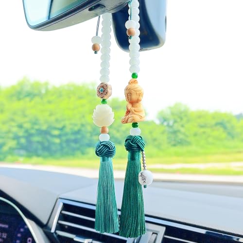 Buddha Rear View Mirror Accessories Hanging Charms, The Bodhisattva of Compassion with Tassels Car Hanging Ornament, Cute Car Accessories for Women/Men, Fo Bao Ping an (Avalokitesvara - Green) - color: Avalokitesvara - Green