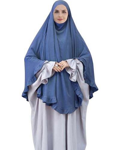 Muslim Prayer Hijab Solid Color Ruffled Head Scarf Women Islamic Head Cover Khimar - color: Foggy Blue