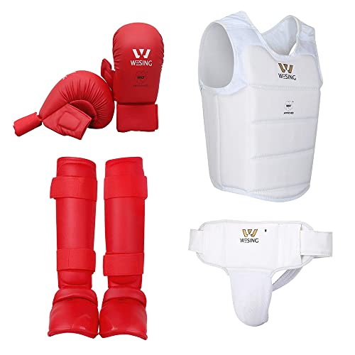 Wesing Karate Protective Gears Set with Chest Guard Gloves Groin Protection and Shin Instep Guard for Men - color: Red, size: Medium