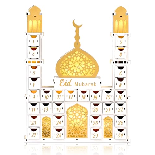 Ramadan Advent Calendar with 30 Drawers Lighted Wooden Eid Mubarak Mosque Countdown Calendar Fillable Large Ramadan Dates Gift Box for Islamic Muslim Home Table Decoration Family Party Supplies