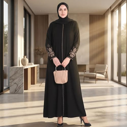 Women's Embroidered Sleeves Abaya and Embroidered On The Side of The Zipper Long Sleeve Floor Length Turkish Fashion - color: Black, size: Small