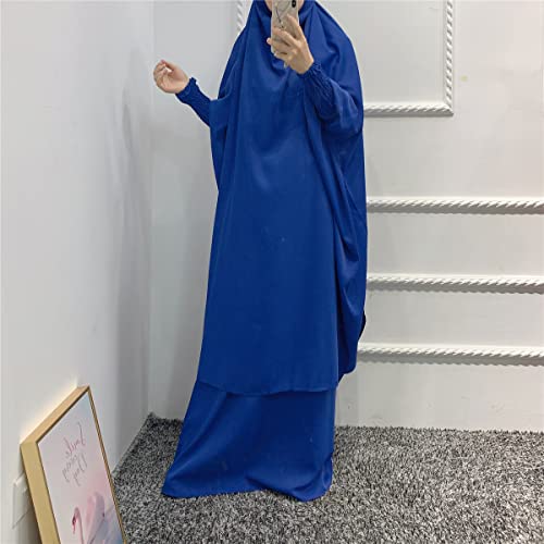 Women Muslim 2 Set Solid Color Plus Long Sleeve Thobe One-size Longuette Overall Abaya Thobe with Hoodied Hijab - color: Loyal Blue
