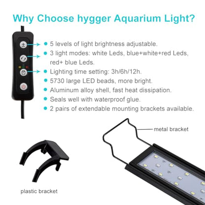 hygger 16W Full Spectrum Aquarium Light with Aluminum Alloy Shell Extendable Brackets, White Blue Red LEDs, External Controller, for Freshwater Fish Tank (24-30 inch) - size: 16W (24-30 inch)