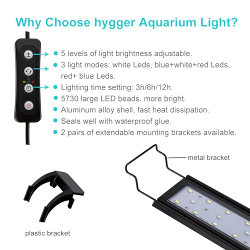 hygger 25W Full Spectrum Aquarium Light with Aluminum Alloy Shell Extendable Brackets, White Blue Red LEDs, External Controller, for Freshwater Fish Tank (36-46 inch) - size: 25W (36-46 inch)