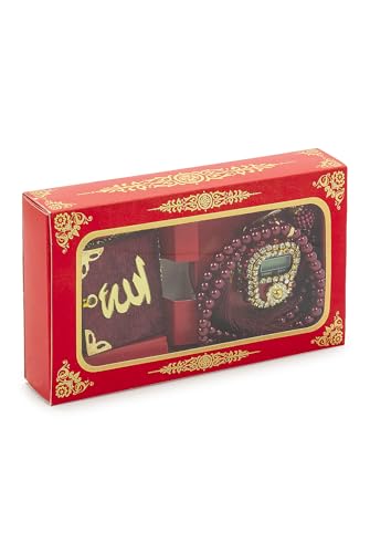 ihvan online Mini Velvet Quran Set with Islamic Finger Counter, Portable Digital Tasbeeh, Muslim Prayer Beads, Pearl Zikirmatic Beads, 3 Pieces Gift Set for Mevlüt (Red) - color: Red