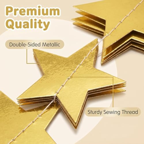 78 Feet Gold Star Garland, Double-Sided Gold Stars Garland with Elegant Star-Shaped Lace, Hanging Bunting Decorations for Birthday Wedding Christmas Ramadan Party Supplies