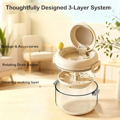 Denture Bath Cup，Retainer Cleaner Case Box,Night Mouth Guard Case Holder,Storage Soak Container with Drain Tray for Travel Cleaning with Mirror and Brush (Beige) - color: Beige