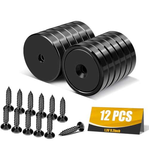 E BAVITE Strong Neodymium Magnets with Screws Black, 12 Pack | 110 Lbs Rare Earth Magnets with Heavy Duty, Cup Magnet with Countersunk Hole and Stainless Screws for Kitchen, Craft, Office - color: Black, size: 32mm-12P