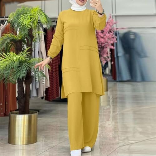 Abayas Dress For Women Muslim Long Sleeve Loose Top Pants 2 Pcs Dubai Islamic Muslim Women Matching Sets - color: Yellow Cc, size: Medium