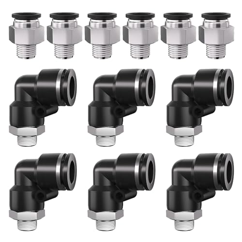1/2" Tube OD to 1/4" NPT Thread Push to Connect Fittings,Pneumatic Quick Air Hose Fittings,Male Straight + Elbow,PC+PL(12pcs) - color: Black PC+PL, size: 1/2"OD x 1/4"NPT