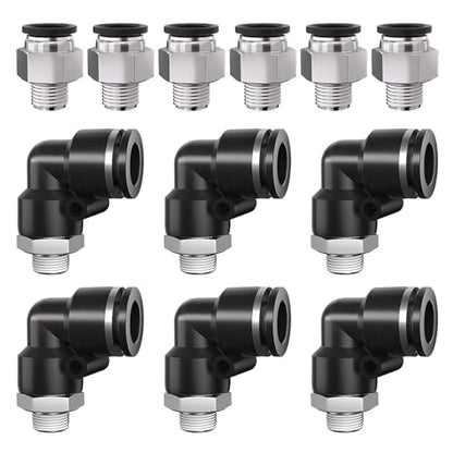 1/2" Tube OD to 1/4" NPT Thread Push to Connect Fittings,Pneumatic Quick Air Hose Fittings,Male Straight + Elbow,PC+PL(12pcs) - color: Black PC+PL, size: 1/2"OD x 1/4"NPT