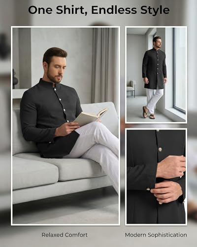 YAOHUOLE Mens Kurta Coats Indian Ethnic Royal Suits Jubba Thobe for Men - color: Black, size: Large