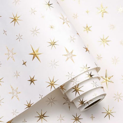 RUSPEPA Eid Wrapping Paper Roll, Mini Roll, White and Gold 3D Embossed Foil Star Design, White Kraft Gift Wrap Paper for Ramadan, Birthday, Wedding, Baby Shower, Holiday, 17 Inches x 16.4 Feet - color: White Gold Foil Star, size: 17 in x 16.4 ft
