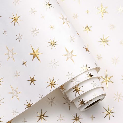 RUSPEPA Eid Wrapping Paper Roll, Mini Roll, White and Gold 3D Embossed Foil Star Design, White Kraft Gift Wrap Paper for Ramadan, Birthday, Wedding, Baby Shower, Holiday, 17 Inches x 16.4 Feet - color: White Gold Foil Star, size: 17 in x 16.4 ft