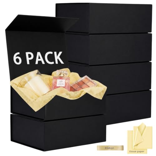 ROSYVA 6 Pack Black Gift Boxes with Lids, 12 x 8 x 4.5 Inch Boxes with Ribbon for Groomsmen gifts, Magnetic Gift Boxes for Presents, Wedding, Birthday, Bridal Party and Holiday Gifts - color: Black-6 pack