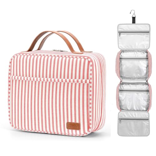 Bosidu Hanging Travel Toiletry Bag,Large Capacity Cosmetic Travel Toiletry Organizer for Women with 4 Compartments & 1 Sturdy Hook,Perfect for Travel/Daily Use/Christmas - color: Pink Strip