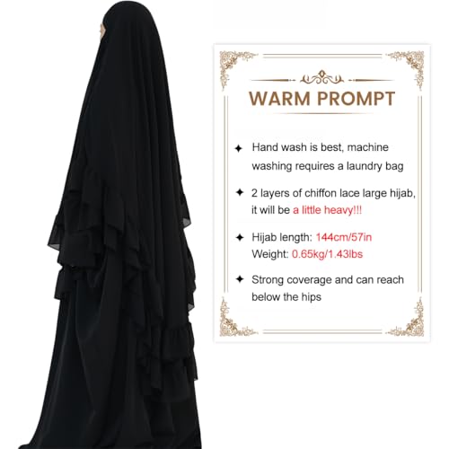 khalat Women's Hijab Chiffon Hijab for Women Muslim 2 Layers Ruffle Lightweight Large Hijab - color: Black