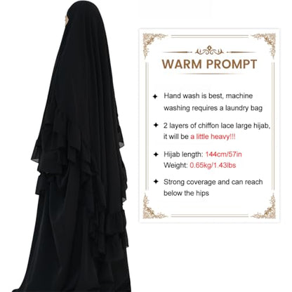 khalat Women's Hijab Chiffon Hijab for Women Muslim 2 Layers Ruffle Lightweight Large Hijab - color: Black