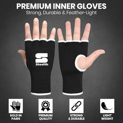Stealth Sports Boxing Hand Wraps Inner Gloves – Premium Boxing Inner Gloves – Half Finger Boxing Punching Mitts – Elasticated Wrap Boxing Mitts for Kickboxing, Muay Thai, MMA - size: Small-Medium