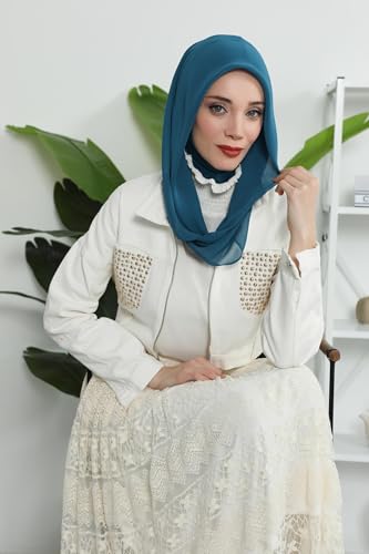 Aisha's Design Pre-tied Cotton-Chiffon Scarf for Women Practical Veil Instant Scarf Hijab Stylish Design - color: Petrol