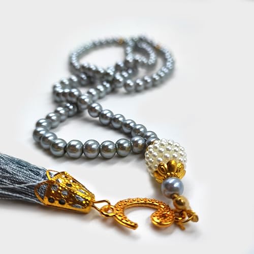 BAYKUL Muslim Prayer Beads 99, Islamic Rosary with Silver Allah Muhammad Engraved Tasbih, Zikr Namaz Worship Ramadan Tesbih Bracelet - color: Grey Pearl