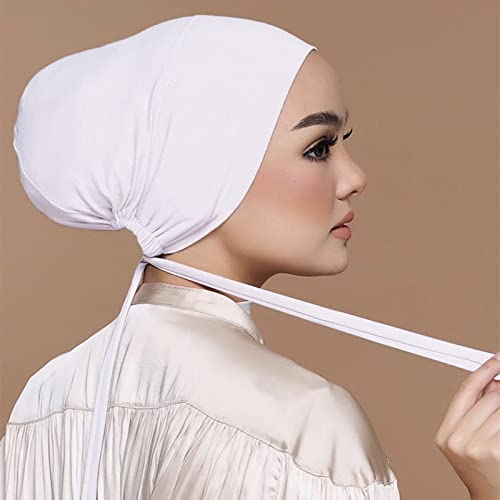 Chiffon Hijab with Undercap Fashion Solid Color Chiffon Head Wraps Under Scarf Caps Muslim Fashion Bandage - color: White